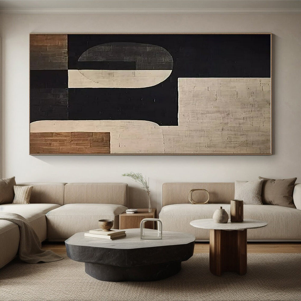 Black, Beige & Brown Geometric Abstract "Suburban Geometry" Painting On Canvas PS0862