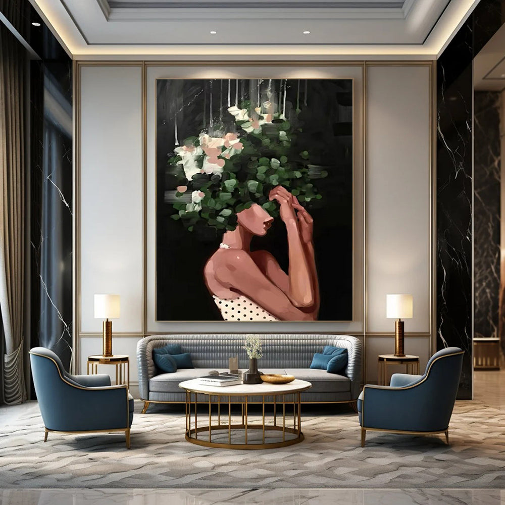 “Black, Green, and White Floral Head” - Elegant Figurative Painting On Canvas DS323