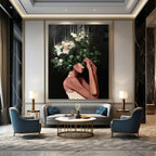 “Black, Green, and White Floral Head” - Elegant Figurative Painting On Canvas DS323