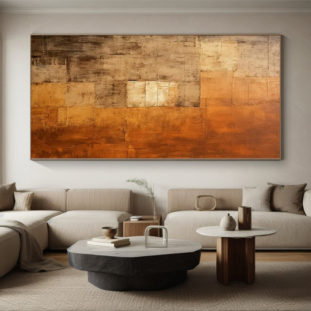 “Brown - Orange Abstract Textured Squares” - Rustic Abstract Painting On Canvas PS0338