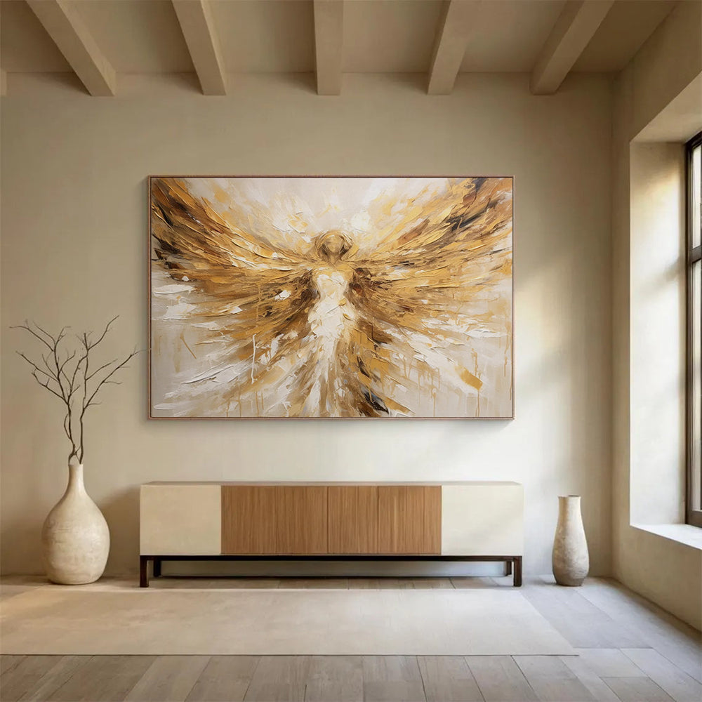 “Golden Angel with Outstretched Wings” - Impasto Figurative Painting On Canvas PT082