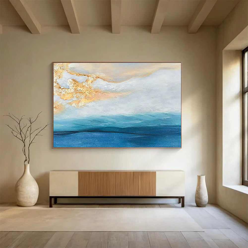 “Gold - Blue Coastal Abstract” - Serene Blends Painting On Canvas PT1521