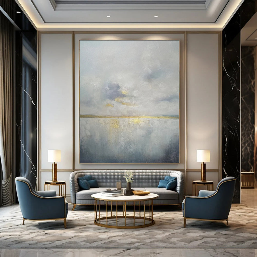 “Gray - Toned Abstract Sky and Water with Gold Accents” - Abstract Landscape Painting On Canvas PT1903