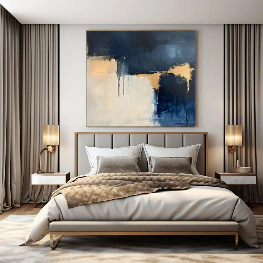 Navy, White, Gold with Layered Drips "Gilded Depths" Abstract Painting On Canvas PS1310