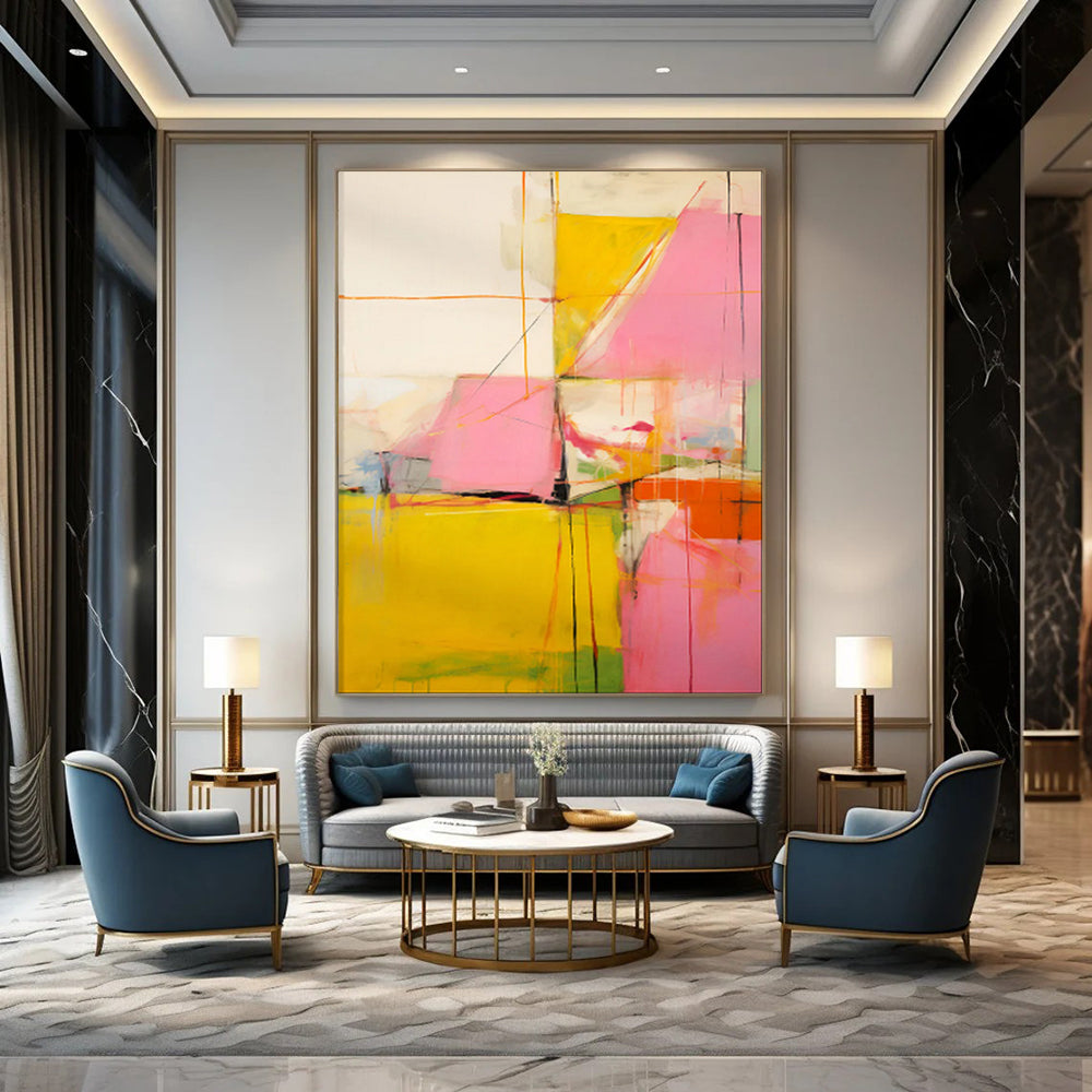 “Yellow, Pink, and Orange Abstract Shapes” - Abstract Expressionist Painting On Canvas PT1835