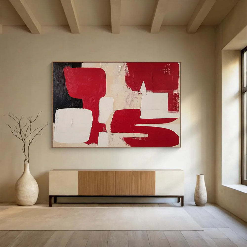 “Red, White, Black Geometric Shapes” Geometric Abstract Painting On Canvas PT1802