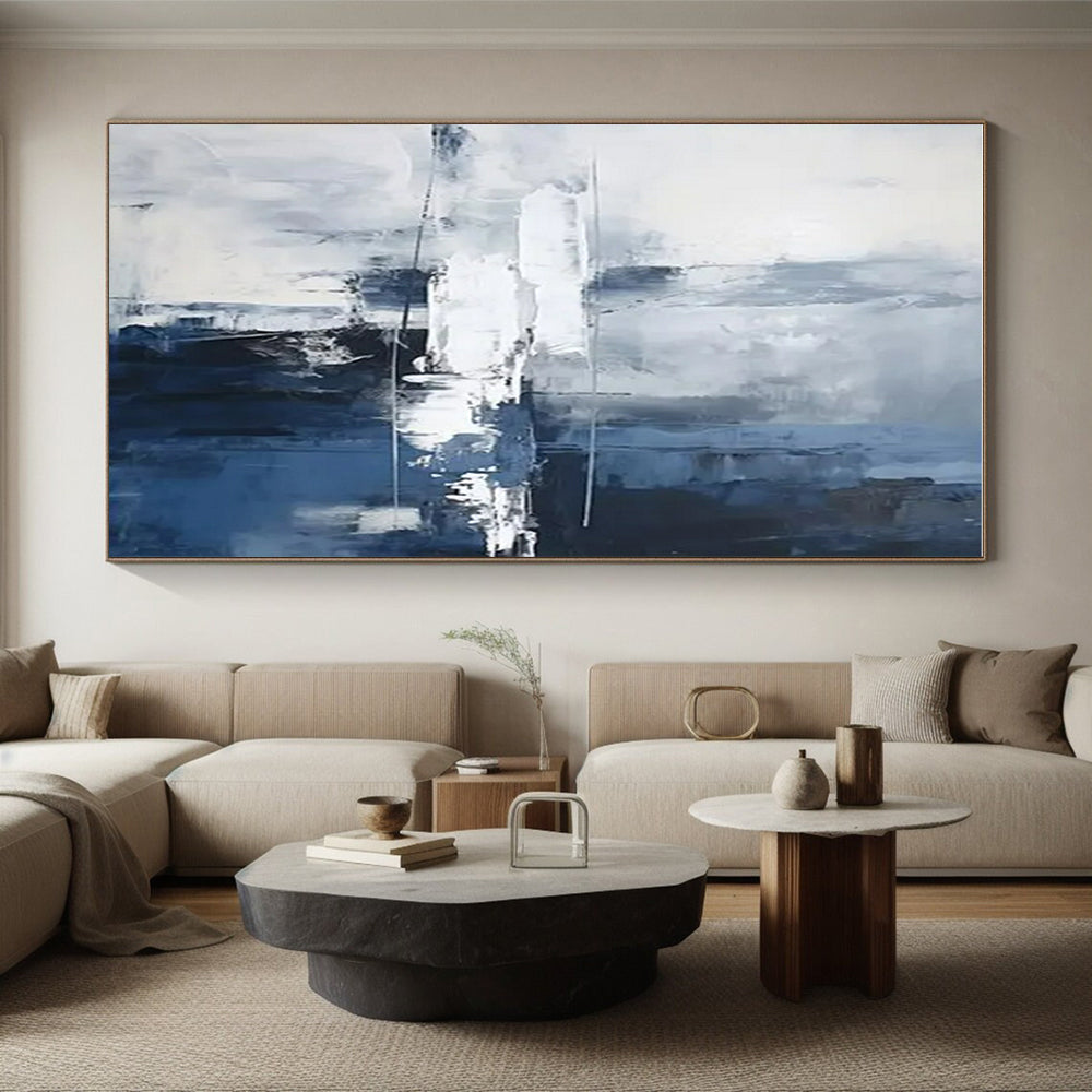 Blue, Gray & White Subtle Abstract "Ocean Mist" Painting On Canvas PS0851