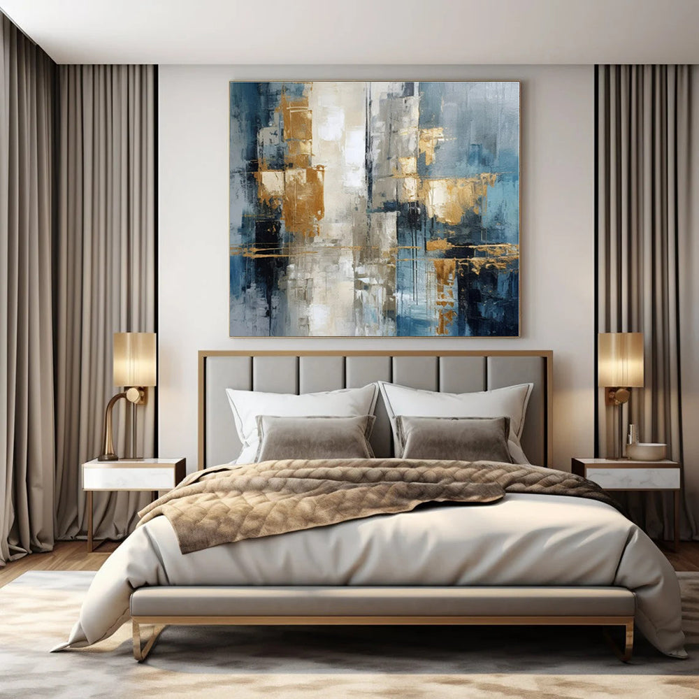 Blue, Gold, Gray with Abstract Forms "Gilded Skies" Abstract Painting On Canvas PS1257
