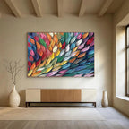 “Colorful Feather Cascade” - Rainbow - Hued Abstract Feathers, Textured Acrylic Painting On Canvas DKS689