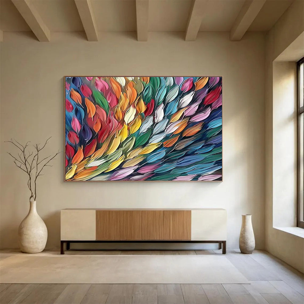 “Colorful Feather Cascade” - Rainbow - Hued Abstract Feathers, Textured Acrylic Painting On Canvas DKS689