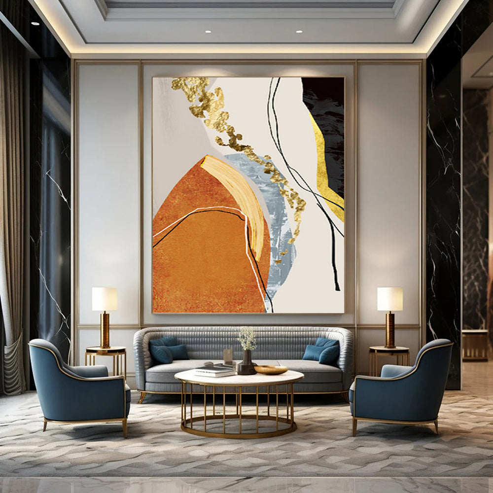 “Colorful Abstract Shapes with Gold” - Abstract, Eclectic - Styled Painting On Canvas PT1515