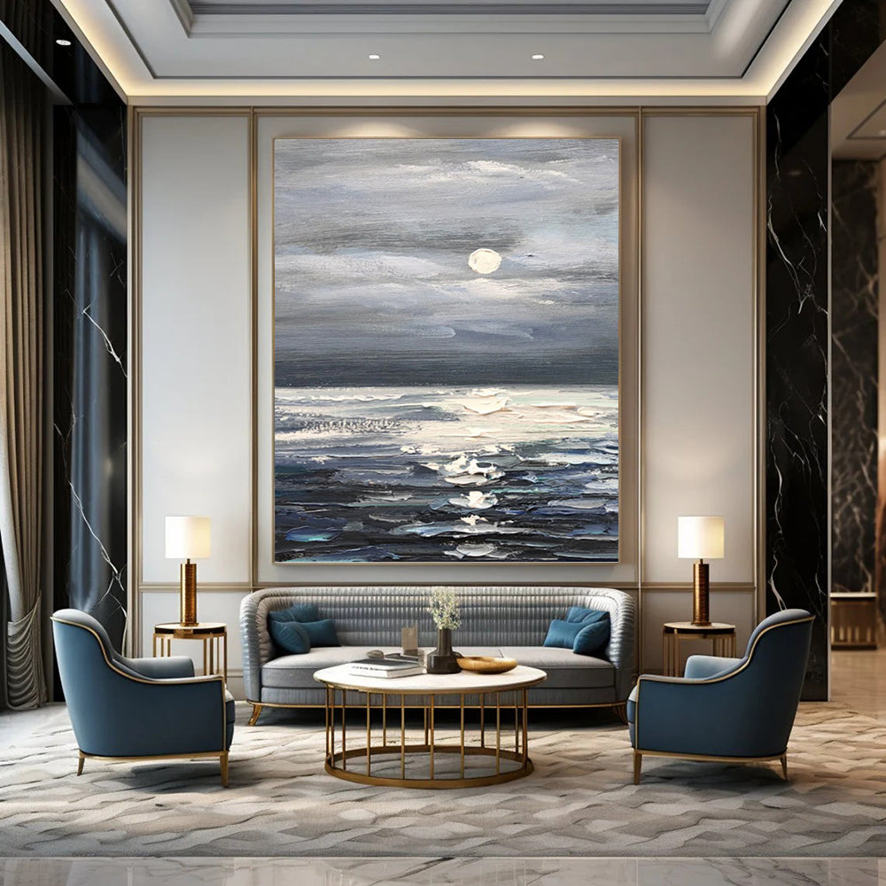 “Grey - Blue Moonlit Sea” - Impressionist Seascape Painting On Canvas PT1293