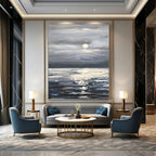 “Grey - Blue Moonlit Sea” - Impressionist Seascape Painting On Canvas PT1293