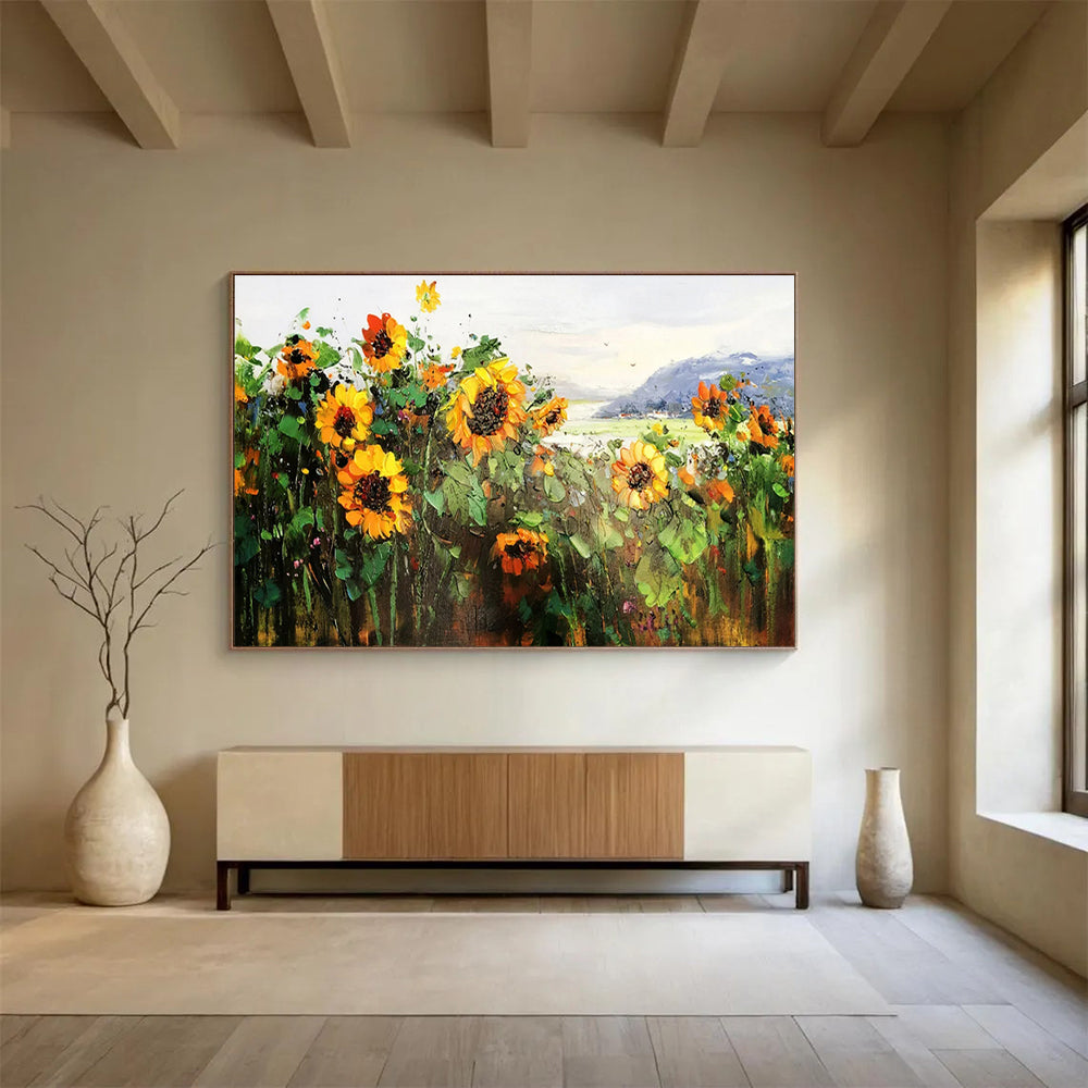 “Sunflower Field with Mountain View” - Impressionist Landscape - Painting On Canvas PT1760