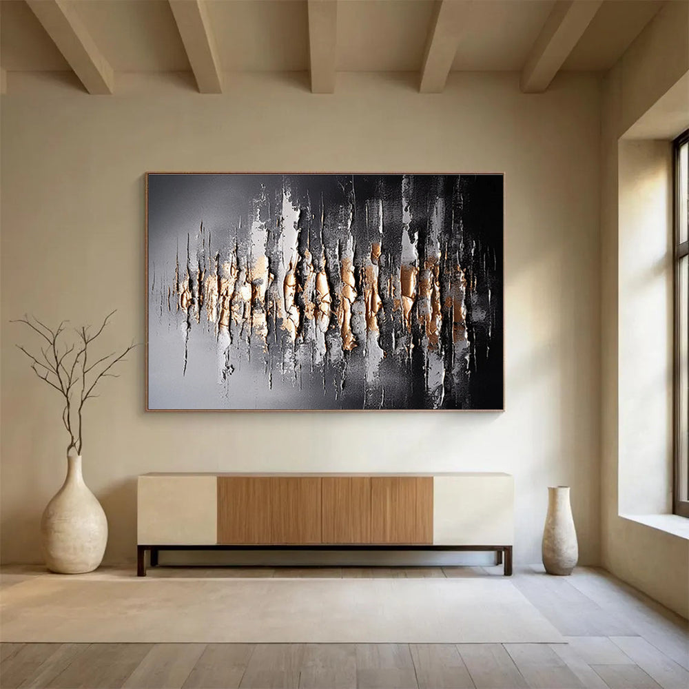 Black, Silver & Gold Textured Abstract Painting On Canvas DKS041