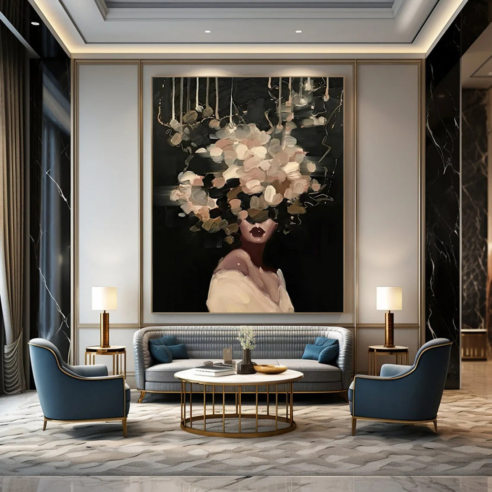 “Black, Beige, and White Floral Head” - Mysterious Figurative Painting On Canvas DS326