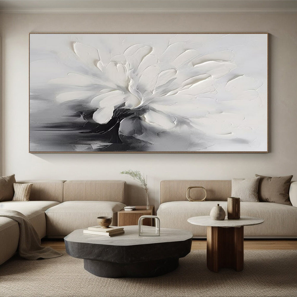 “Textured White Flower” - White, Gray, Black Textured Floral Painting On Canvas PS0767