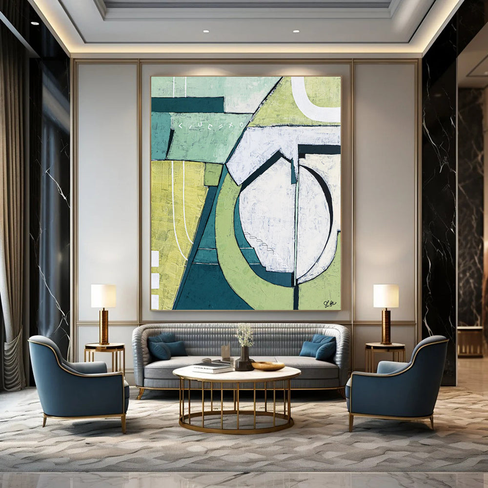 “Green and White Geometric Precision” - Geometric Abstract Painting On Canvas PT2375