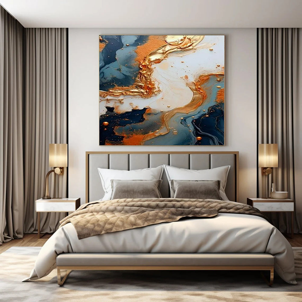 Blue and Gold Fluid Art - Swirling Metallic Patterns Painting On Canvas PS1216