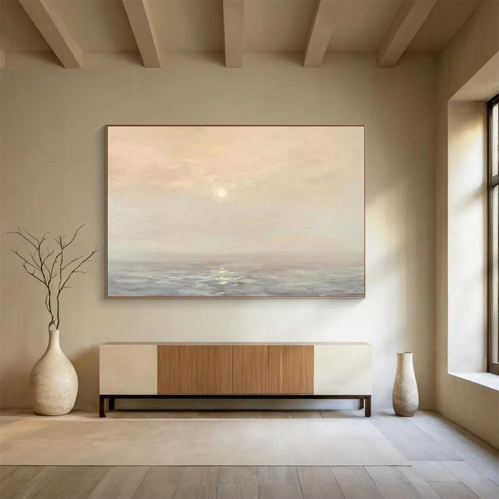 “Peach - Gray Sunset Ocean” - Soft Hues “Dusk Glow” Painting On Canvas PT1669
