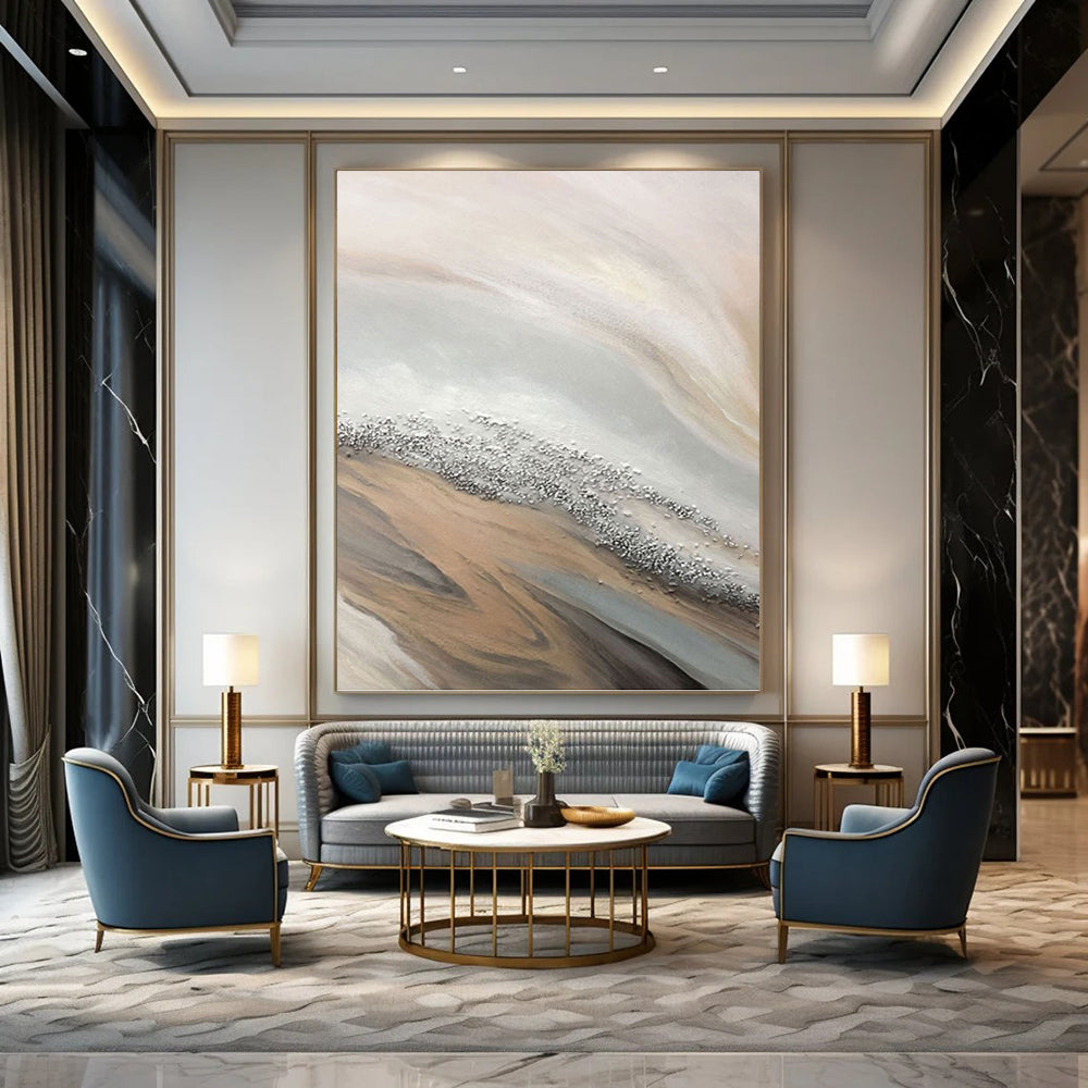 “Beige - Grey - Silver Abstract Flow” - Minimalist Abstract Painting On Canvas PT1228