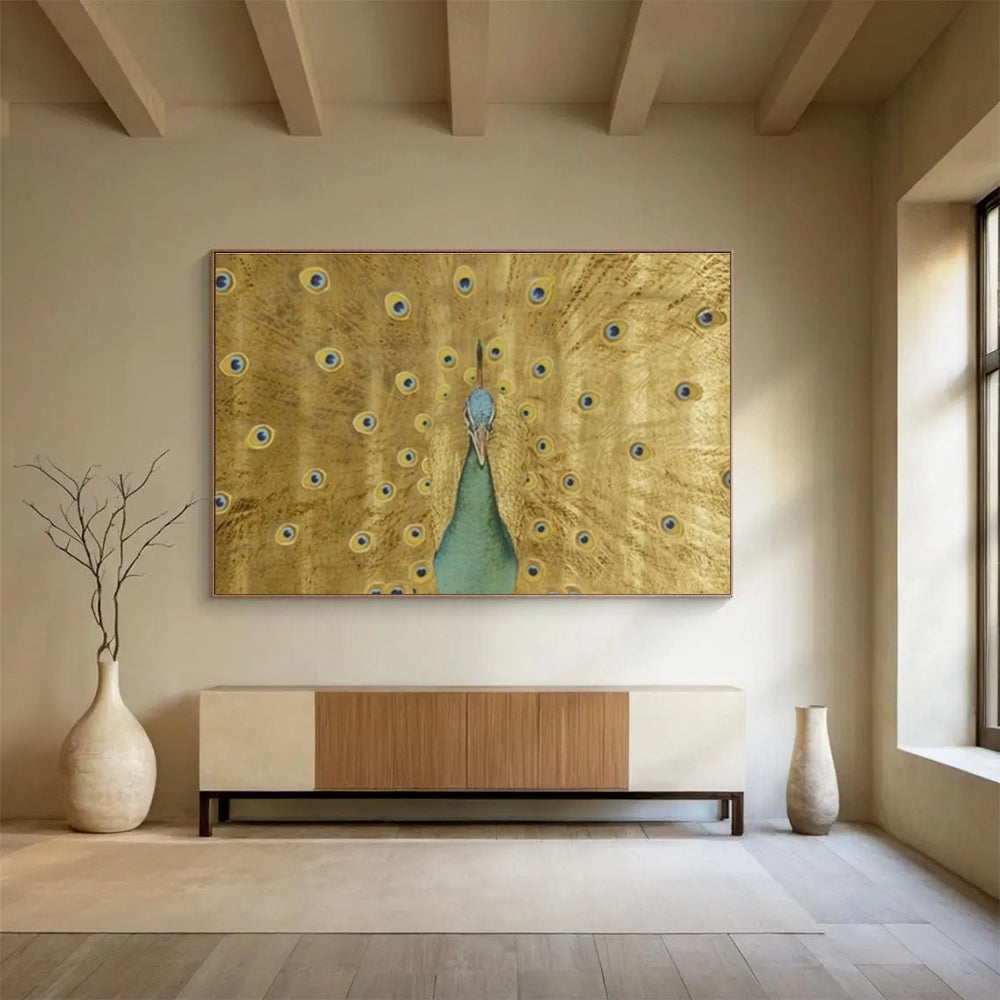 “Golden Peacock Display” - Gold, Blue & Green Animal, Ornate Oil Painting On Canvas DKS740