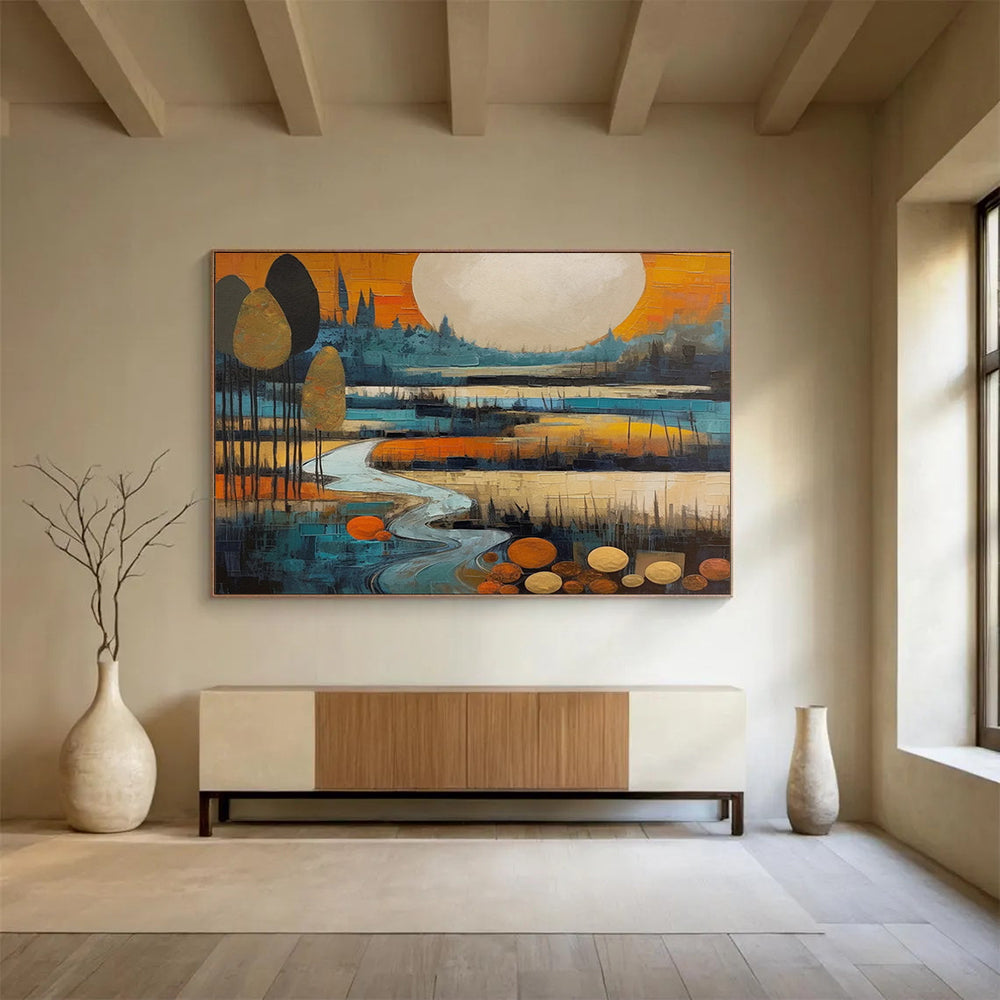 “Color - Blocked Landscape with River and Moon” - Cubist Landscape Painting On Canvas PT086