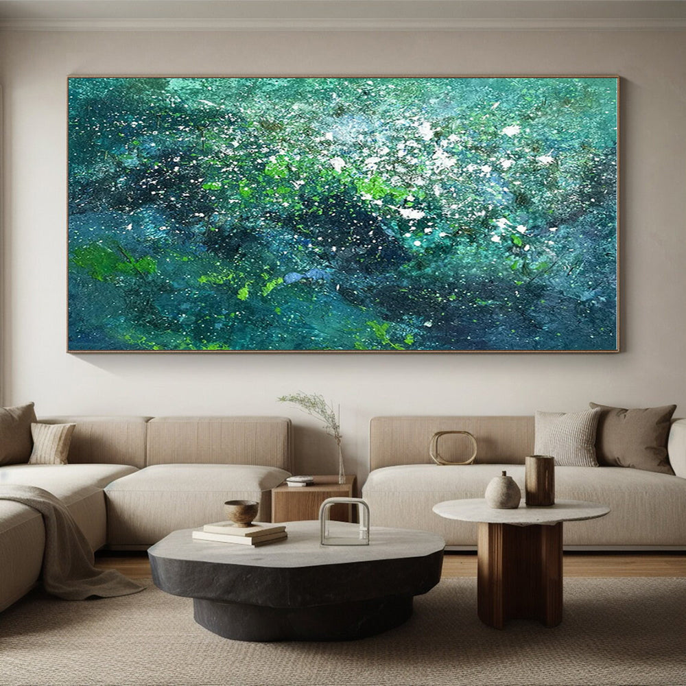 “Teal - Green Splatter Galaxy” - Teal, Green, White Abstract Expressionist Painting On Canvas PS0717