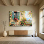 “Mediterranean Window Charm” - Green, Yellow & Red Architectural, Textured Landscape Oil Painting On Canvas DKS692