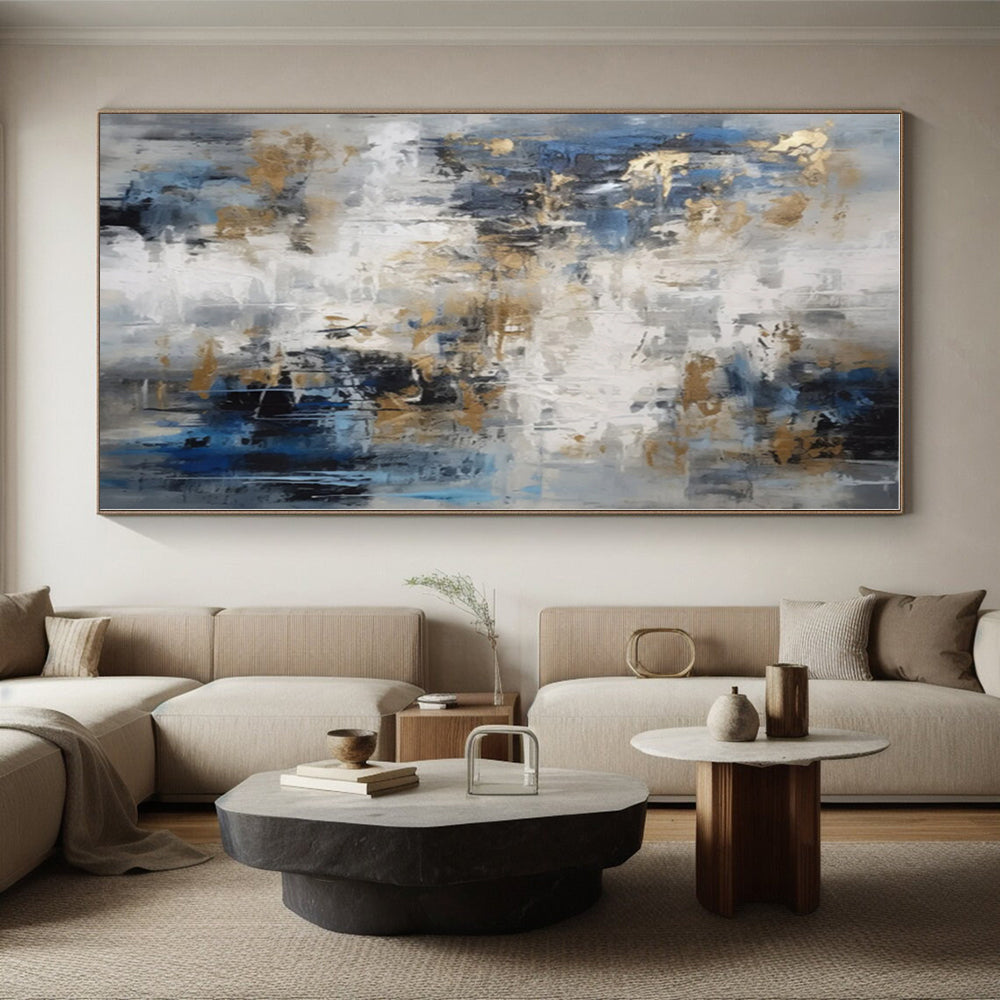 “Blue - Gray - Gold Dynamic Abstraction” - Blue, Gray, Gold Abstract Painting On Canvas PS0537