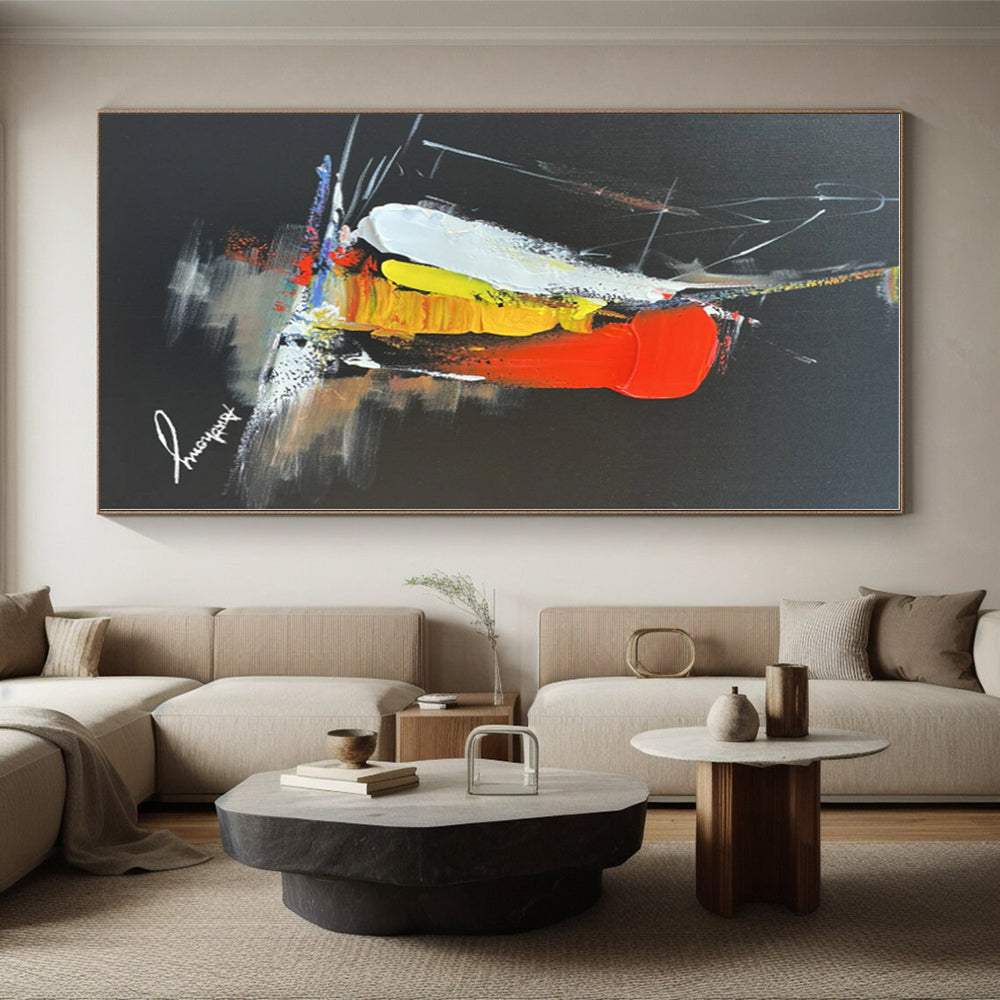 “Black - Red - Yellow Dynamic Burst” - Black, Red, Yellow, Blue Abstract Painting On Canvas PS0515