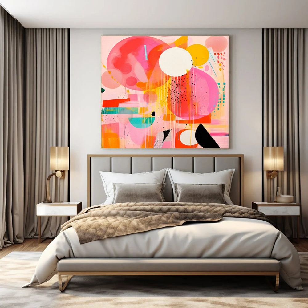 Bold Pink, Orange, and Circles "Pop Play" Abstract Painting On Canvas PS1181