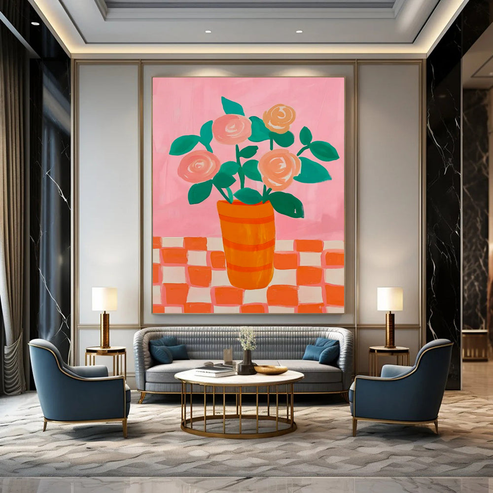“Pink and Orange Floral Still - Life” - Pop Art - Inspired Painting On Canvas PT2258
