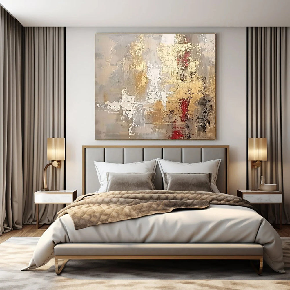 Gray, Gold, White, and Red (Repeat), "Echoes of Gilded Ruins" – Abstract Painting On Canvas PS1022