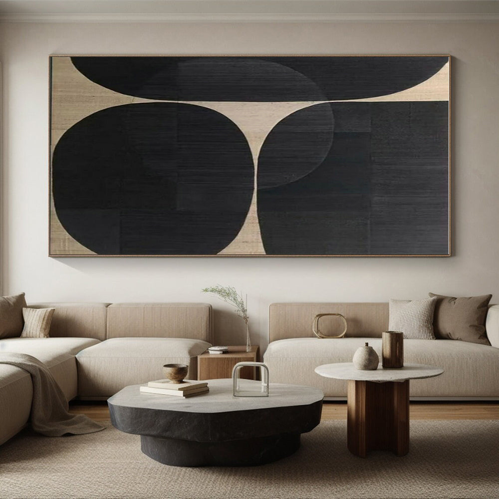 “Black - Beige Circular Composition” - Black, Beige Abstract Geometric Painting PS0595