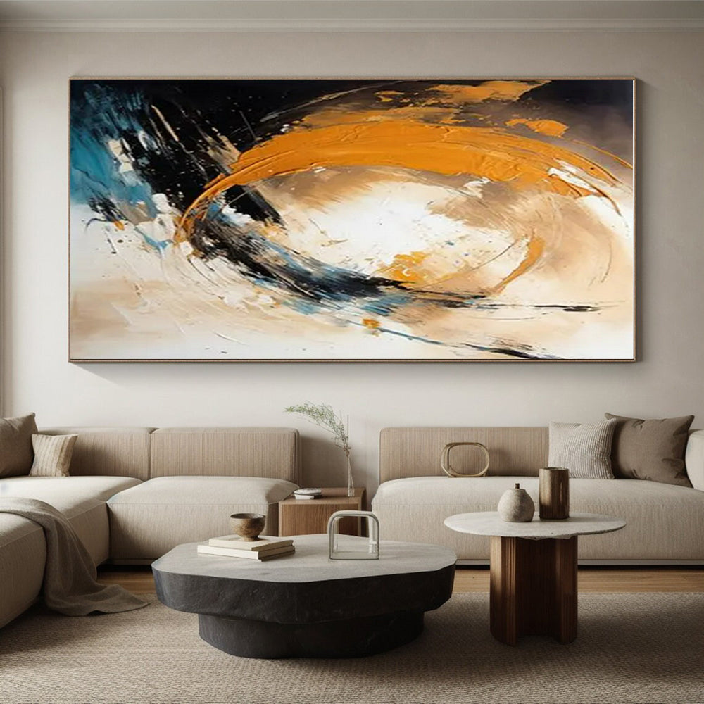 Orange, Blue, Black & Beige Abstract Swirl Painting On Canvas PS0829
