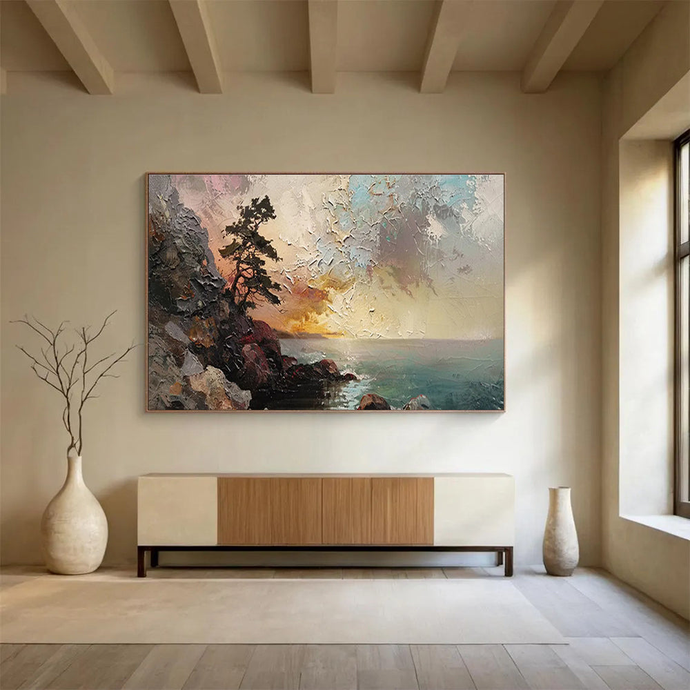 “Coastal Sunset Cliff” - Impasto Seascape Painting On Canvas DKS463