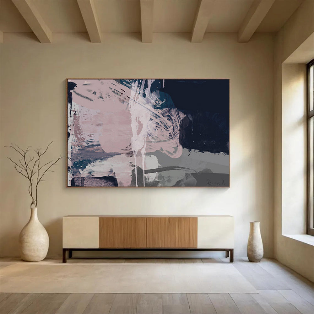 “Blush and Navy Abstract Fusion” - Subtle Abstract Painting On Canvas PT142