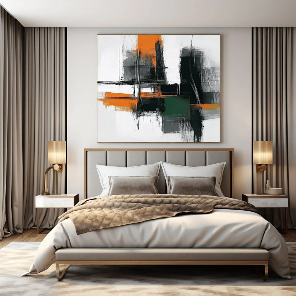 Urban Geometry in Orange, Gray, and Green - Bold Brushstrokes Abstract Painting On Canvas PS1244