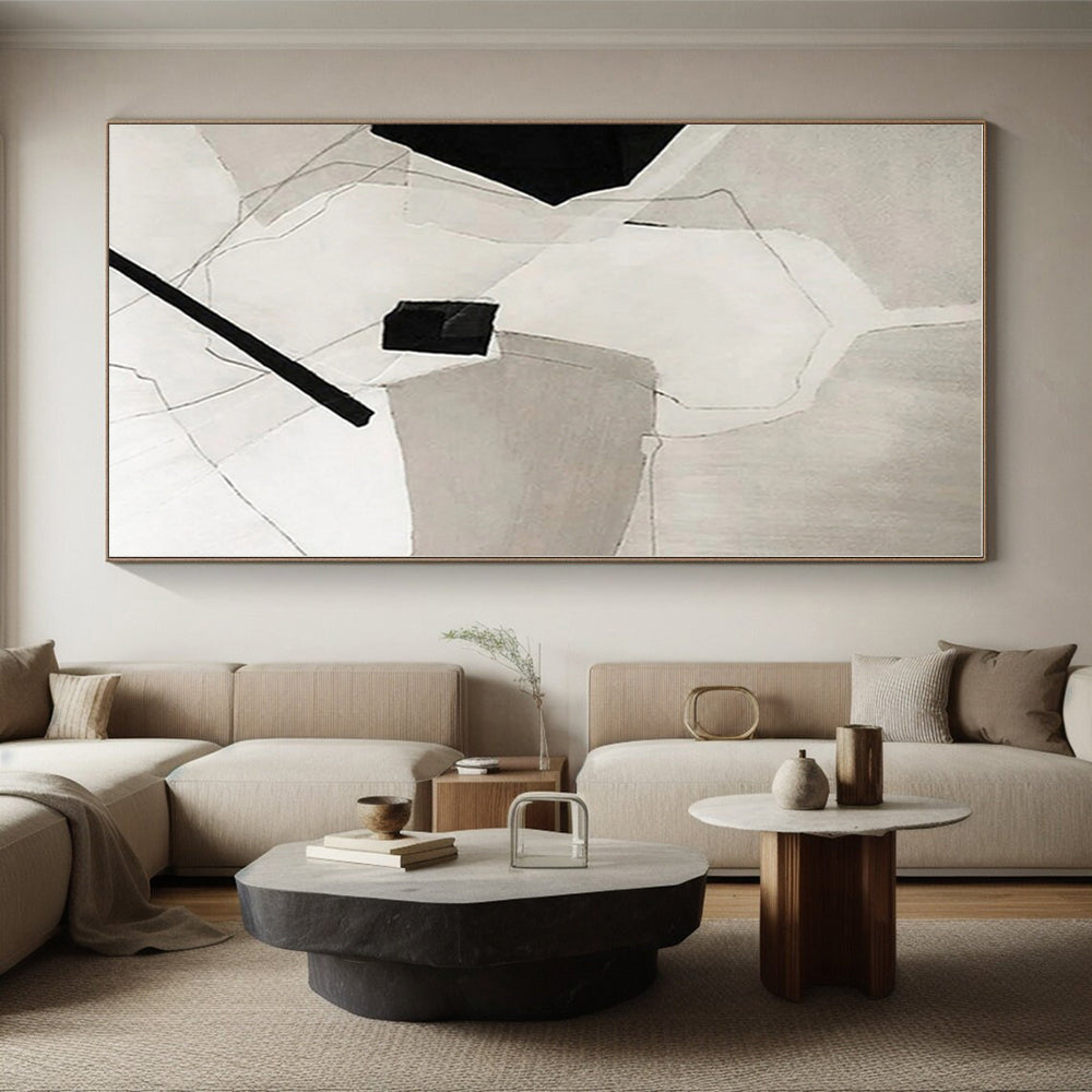 “Black - White Geometric Abstraction” - Black, White Abstract Geometric Painting On Canvas PS0559