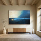 Midnight Blue Sea: Dark Blue, Gray & Orange Abstract Landscape Painting for Nautical Bedroom & Poetry Corner DKS647