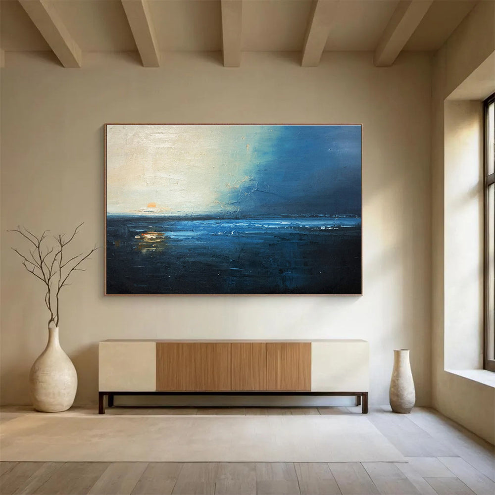Midnight Blue Sea: Dark Blue, Gray & Orange Abstract Landscape Painting for Nautical Bedroom & Poetry Corner DKS647