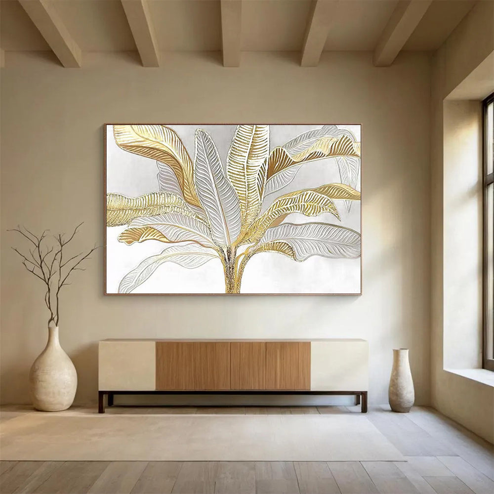 “Gold - Silver Tropical Foliage” - Elegant Botanical Painting On Canvas PT1560