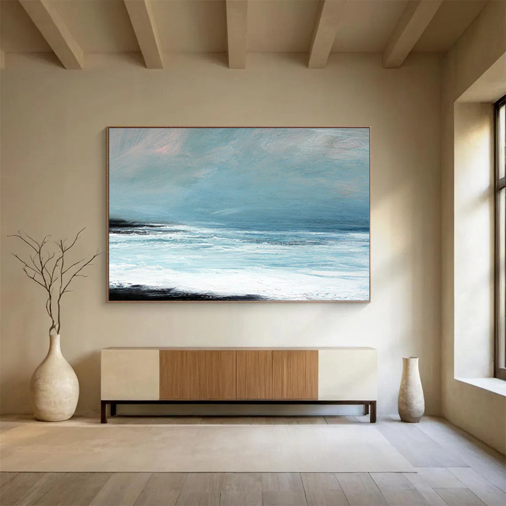 “Minimalist Coastal Landscape in Blues and Blacks” - Serene Seaside Oil Painting On Canvas PT032