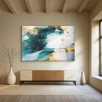 “Teal - Gold Abstract Flows” - Flowing Teal “Aqua Gleam” Painting On Canvas PT1635