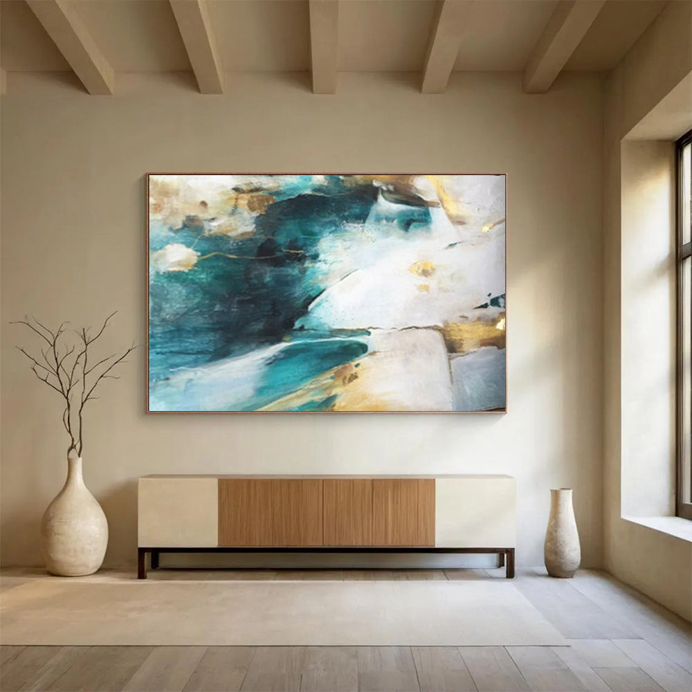 “Teal - Gold Abstract Flows” - Flowing Teal “Aqua Gleam” Painting On Canvas PT1635