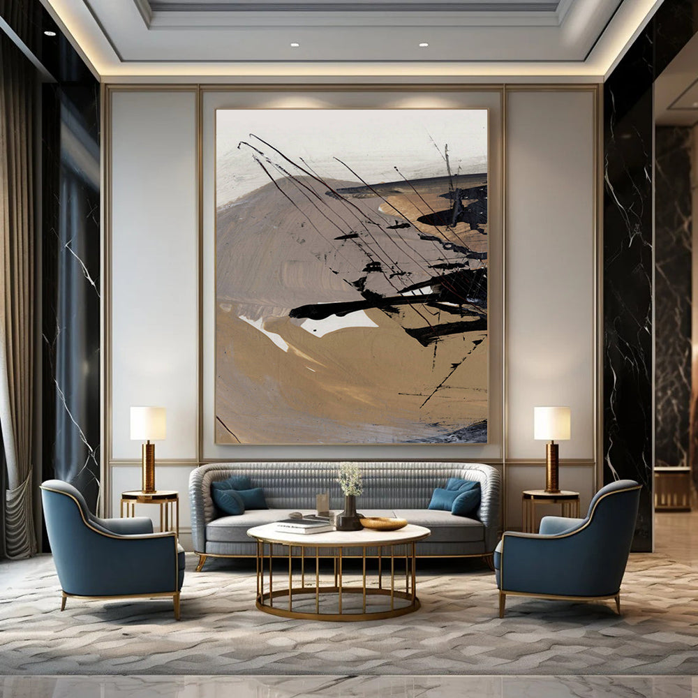 “Earth - Toned Abstract” - Beige, Gray & Black Dynamic Forms Painting On Canvas DS201