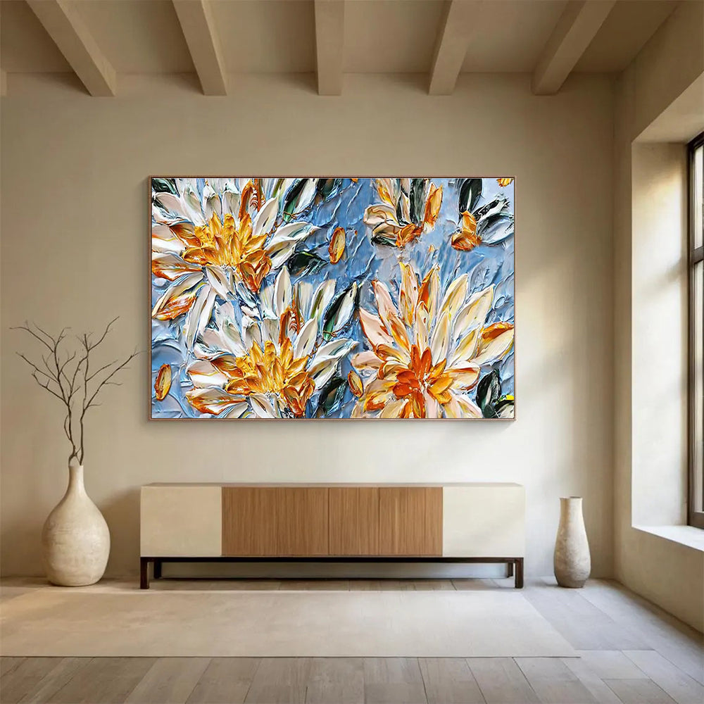 “Yellow and White Flowers on Blue” - Impasto Oil Painting On Canvas DKS896