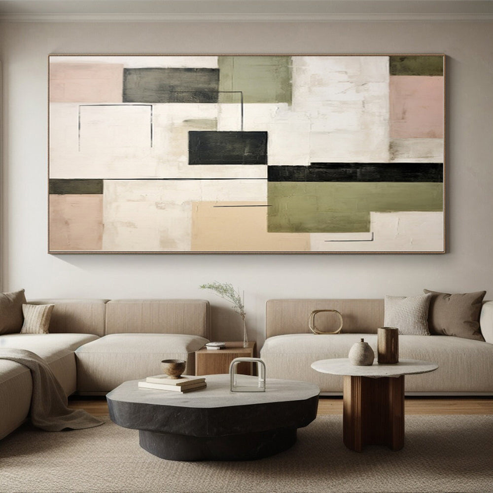 “Geometric Contrasts” - Green, Black, Pink Abstract Geometric Painting On Canvas PS0397