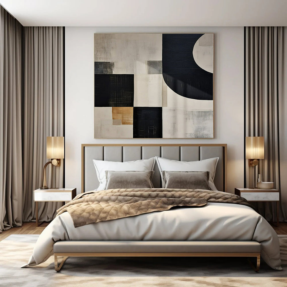 Black, White, Gray, Gold with Mixed Shapes "Elegant Fusion" Abstract Painting On Canvas PS1373